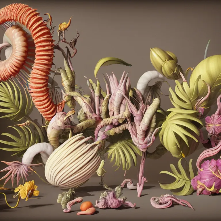Image similar to still life of surreal alien pastel tropical flowers, surreal alien ribbed tropical fruit, white human spine, baroque painting, beautiful detailed intricate insanely detailed octane render, 8K artistic photography, photorealistic, chiaroscuro, Raphael, Caravaggio