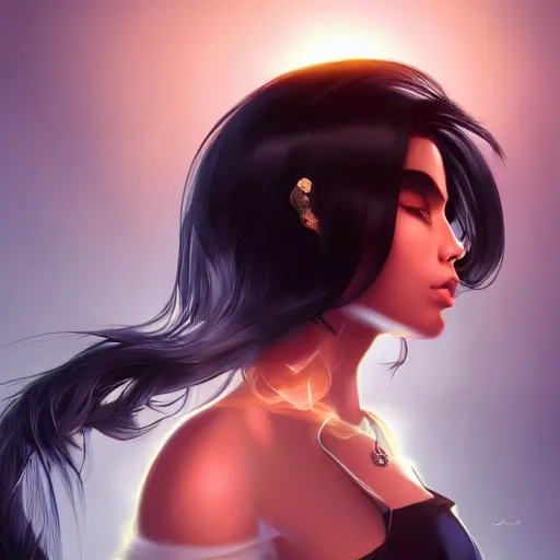 Prompt: woman with black hair, backlit smoke, hard light, cinematic lighting, high detail, made by artgerm, trending on artstation, sharp focus, smooth