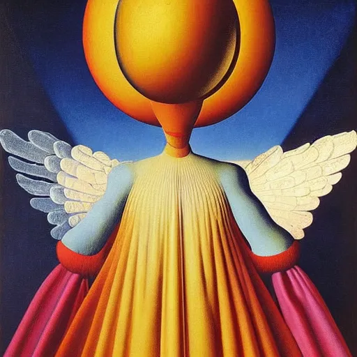 Prompt: Portrait of an elegant cosmic robotic angel. Painting by Jan van Eyck, Audubon, Rene Magritte, Agnes Pelton, Max Ernst, Walton Ford