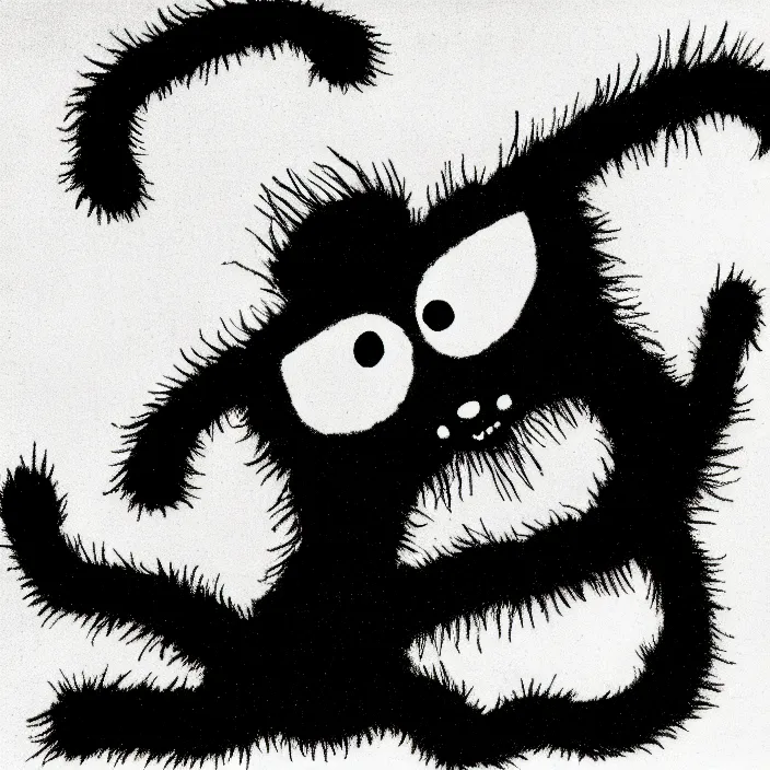 Image similar to a still frame from comic strip, black fluffy hairy furry spider on a clean background 1 9 5 0, herluf bidstrup, new yorker illustration, monochrome contrast bw, lineart, manga, tadanori yokoo, simplified,