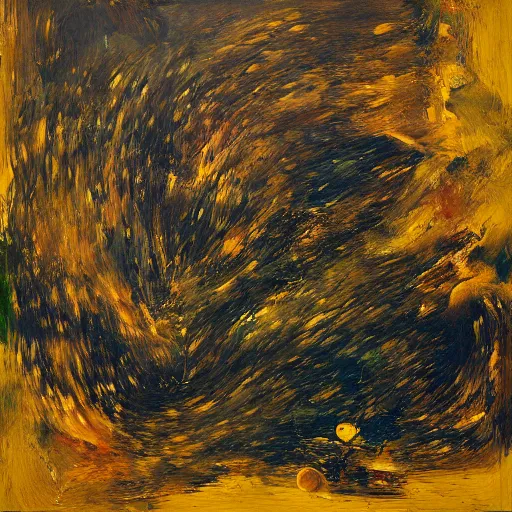 Prompt: oil paint impasto, deep under water, looking up, air bubbles, multi layered thick brush marks, some splattered paint, in the style frank auerbach and redon