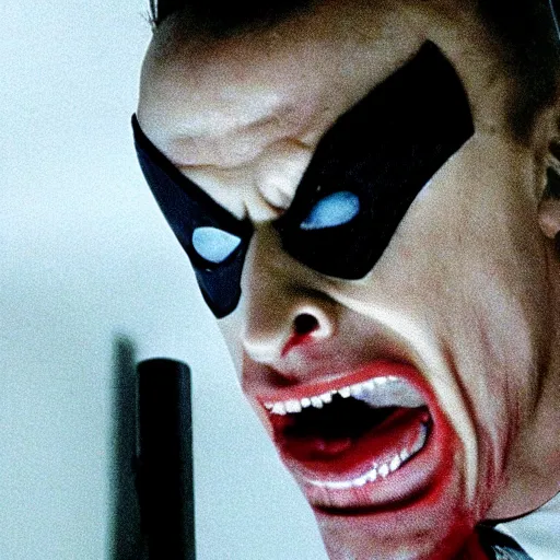 Prompt: spiderman as the american psycho, sweating profusely, cinematic still