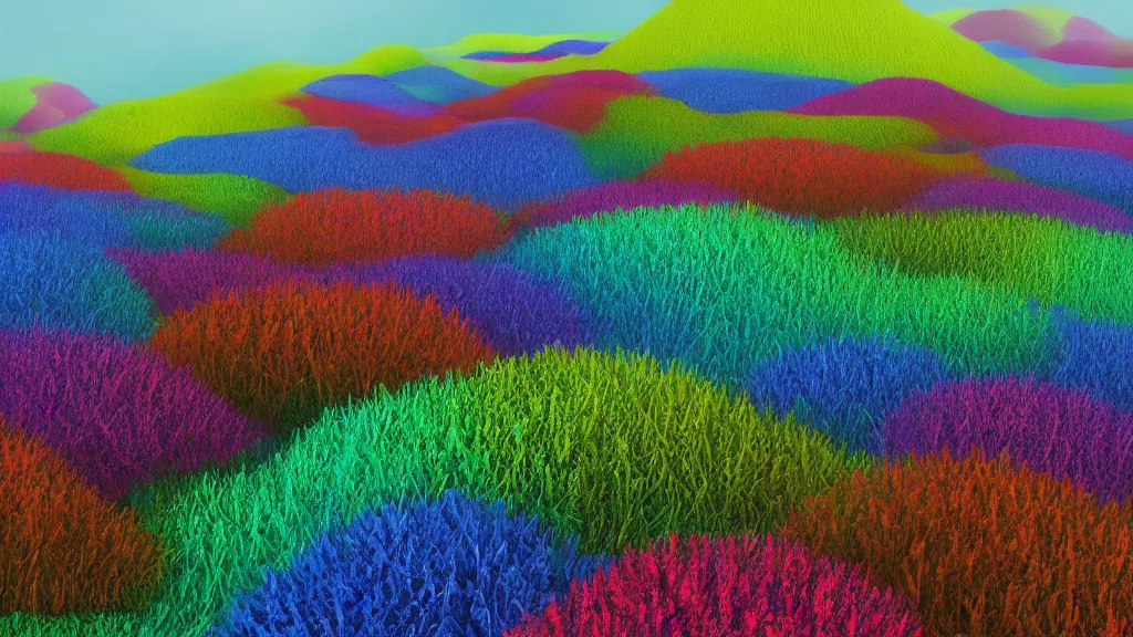 Image similar to digital illustration of a lake full of multi - colored megaflora nigella flowers by dr. seuss, reimagined by ilm and beeple : 1 | spectral color, electric color, rolling hills : 0. 9 | fantasy : 0. 9 | unreal engine, deviantart, artstation, hd, 8 k resolution : 0. 8