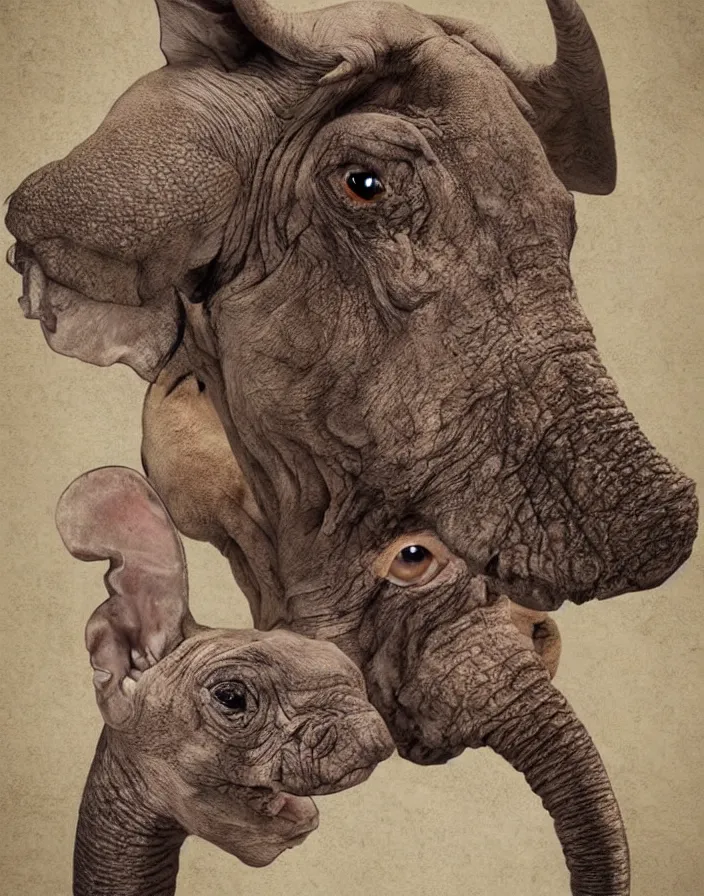 Image similar to portrait of muscular animal human merged head skin ears, no background, scales skin dog, cat merged elephant head cow, chicken face morphed fish head, gills, horse head animal merge, morphing dog head, animal eyes, merging crocodile head, anthropomorphic creature