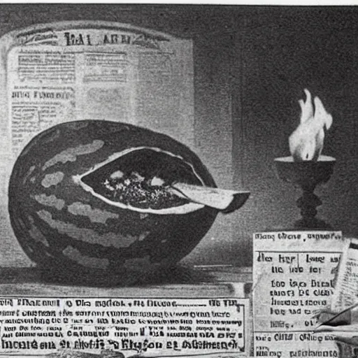 Prompt: a watermelon on fire in a bar, early 1 9 0 0 s newspaper