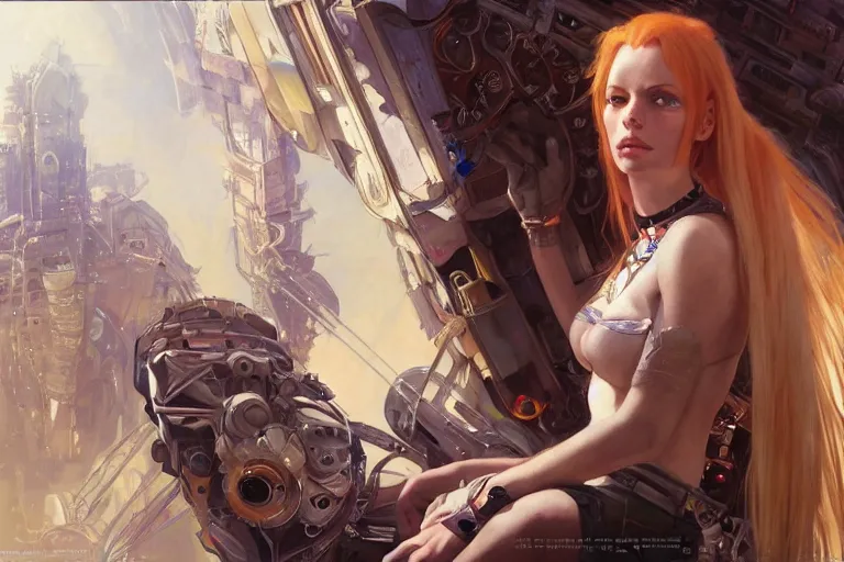 Image similar to a beautiful realistic portrait painting of liz katz as fifth element girl in a uthopian future city lanscape, intricate, elegant, highly detailed, digital painting, artstation, concept art, by krenz cushart and artem demura and alphonse mucha