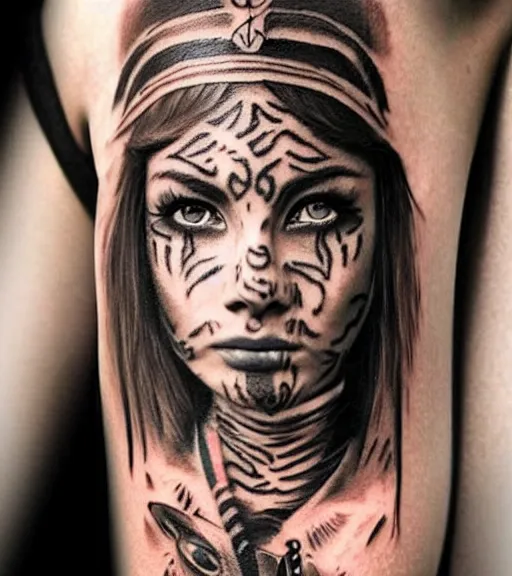 Prompt: tattoo design of a beautiful girl warrior below a tiger head, hyper realistic, realism tattoo, by eliot kohek, beautiful eyes, realistic face, black and white, white background