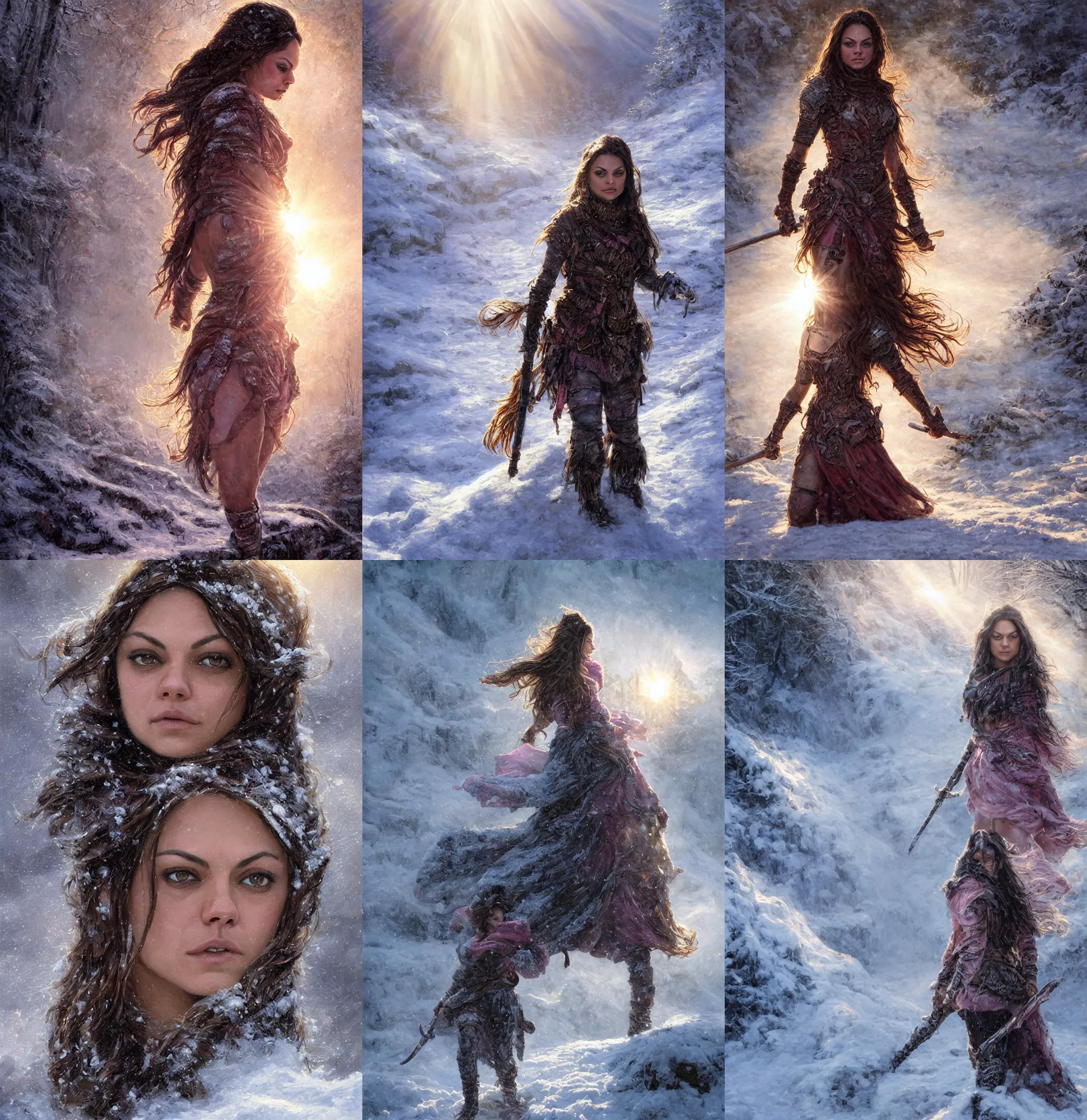 Prompt: epic portrait of Mila Kunis as a warrior walking through deep snow, sun rays through snow, pink golden hour, cold stormy wind, intricate, highly detailed, shallow depth of field, epic vista, Ralph Horsley, Daniel F. Gerhartz, Artgerm, Boris Villajo, Lilia Alvarado