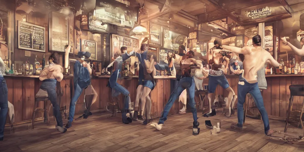 Prompt: a photo of a bar fight inside a pub between men and women, Leica, symmetrical faces, muscles, detailed faces, accurate faces, 4k, 3D render, hyperrealism, editorial, photorealistic, crisp details, sharp focus, wide angle lens, octane render, cinematic lighting