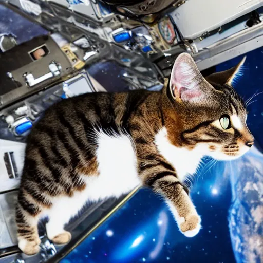 Prompt: Photo of a cat floating inside the ISS, realistic award-winning