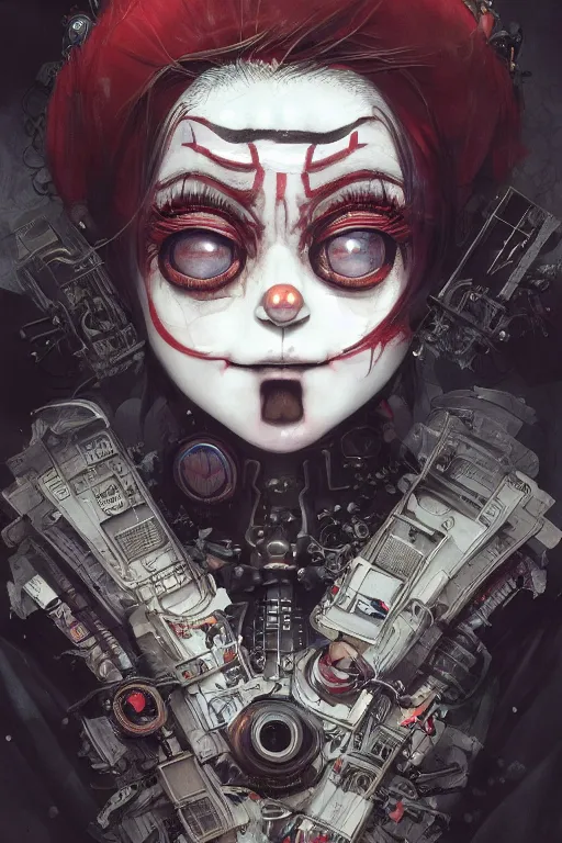 Image similar to by kyoto animation, very creepy clown girl, wearing cyberpunk intricate streetwear, beautiful, detailed portrait, intricate complexity, ilya kuvshinov, cell shaded, 4 k, concept art, by wlop, ilya kuvshinov, artgerm, krenz cushart, greg rutkowski, sharp focus, volumetric lighting, cinematic lighting, studio quality