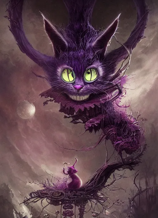 Prompt: Cheshire Cat,highly detailed,cinematic,8k,by Stanley Artgermm,Tom Bagshaw,Greg Rutkowski,Carne Griffiths, Ayami Kojima, Beksinski, Giger,Anne Stokes, Benjamin Lacombe,trending on DeviantArt,hyper detailed,horror, full of colour