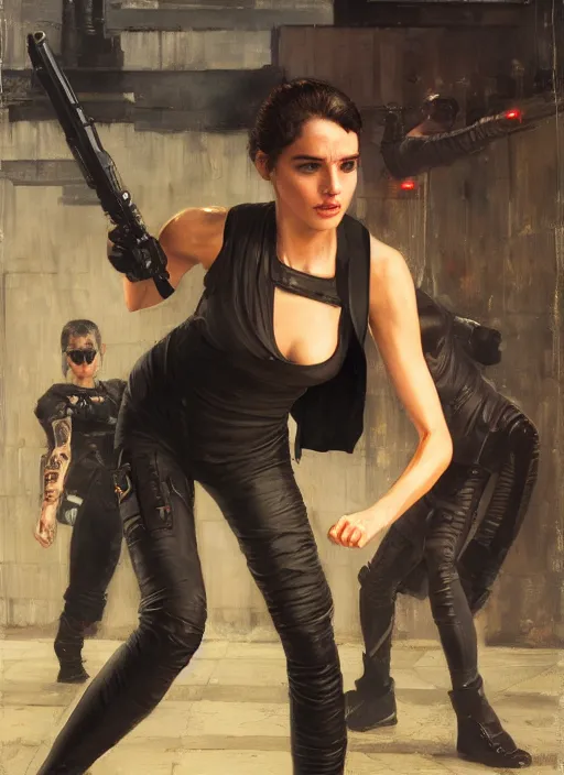 Image similar to selina kyle teaching self defense. cyberpunk mercenary in a cyberpunk jumpsuit ( blade runner 2 0 4 9, cyberpunk 2 0 7 7 ). orientalist portrait by john william waterhouse and james gurney and theodore ralli and nasreddine dinet, oil on canvas. cinematic, hyper realism, realistic proportions, dramatic lighting, high detail 4 k