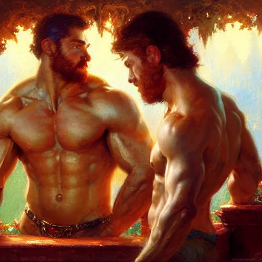 Prompt: attractive muscular mike with ginger hair with attractive tyler with brunet hair, drinking their hearts out, in their noble mansion. defined to the maximum and highly detailed painting by gaston bussiere, craig mullins 8 k
