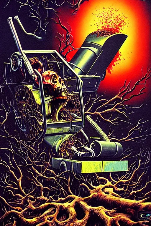 Image similar to a hyperrealistic painting of a death machine spewing chunks out of a wood chipper, cinematic horror by chris cunningham, lisa frank, richard corben, highly detailed, vivid color,