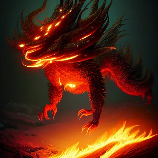 Image similar to ( fire pokemon ) creature creature in a alaskan forest, : : by michal karcz, daniel merriam, victo ngai and guillermo del toro : : ornate, dynamic, particulate, intricate, elegant, highly detailed, centered, artstation, smooth, sharp focus, octane render, 3 d