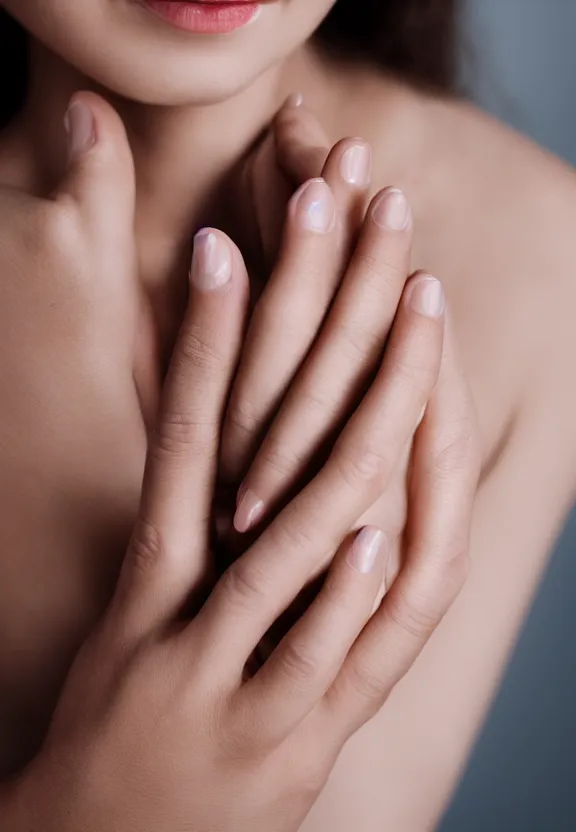 Image similar to photorealistic woman's palm, studio photo, 9 0 mm, f / 1. 4