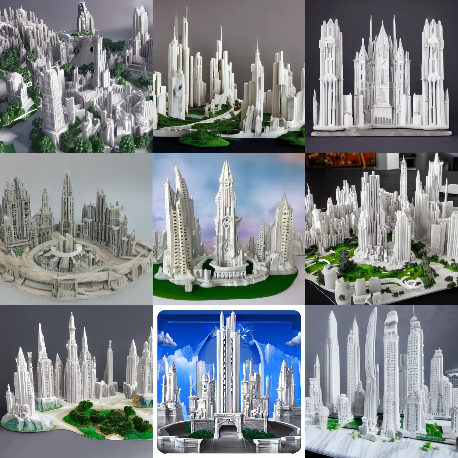 Prompt: fantasy city, constructed from white marble, high towers, landscape mode