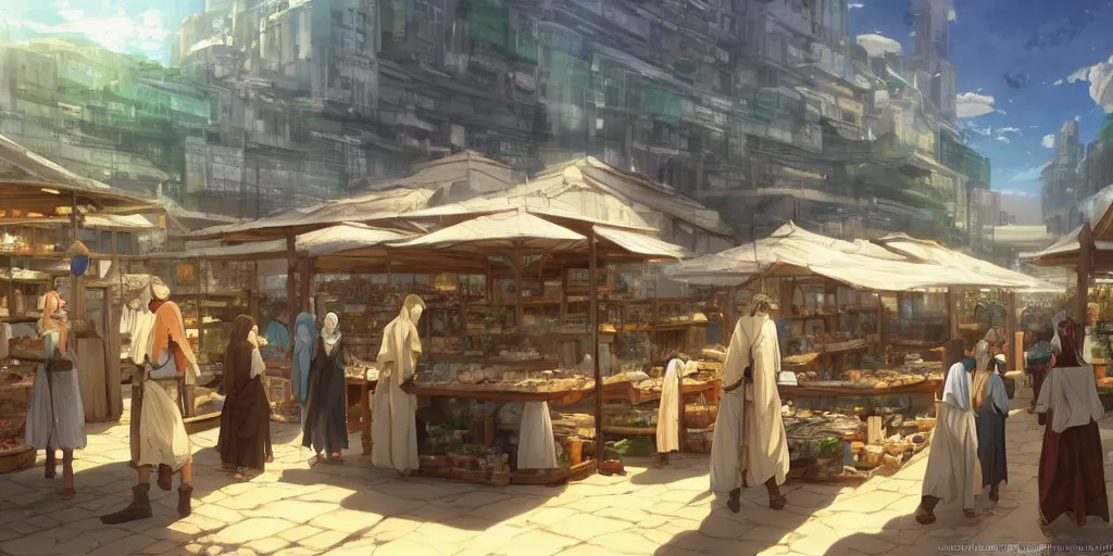 Image similar to biblical marketplace by makoto shinkai