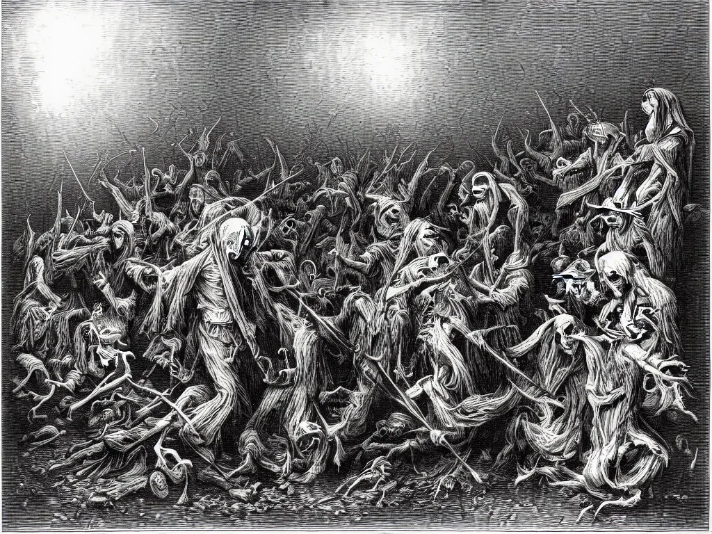 Image similar to the grim reaper tormenting mushroom people. Fine art engraving by Gustave dore. 1868.