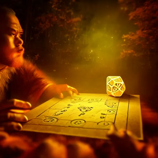 Image similar to a mythical forestmancer god rolling a d 6 dice, glowing energy, fantasy magic, by willian murai and jason chan, dramatic lighting, golden ratio, sharp focus