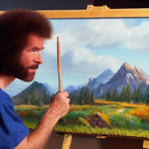 Image similar to a closeup photorealistic photograph of bob ross working on a canvas painting of wonder woman. film still. brightly lit scene. mountains and trees. this 4 k hd image is trending on artstation, featured on behance, well - rendered, extra crisp, features intricate detail, epic composition and the style of unreal engine.