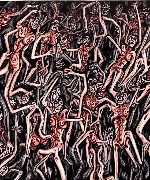 Prompt: professional fine artwork by Junji Ito of a group of cyborgs in hell. abstract expressionism thick flowing oil acrylic painting