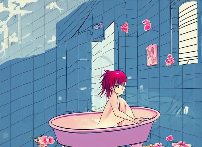 Image similar to girl in bathtub, bathroom, boring, anime, 1 9 9 0 s, retro style, aesthetic, chill, room