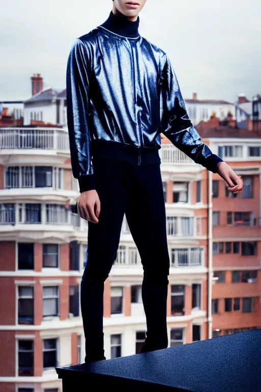 Image similar to un ultra high definition studio quality photographic art portrait of a young man standing on the rooftop of a british apartment building wearing soft padded silver pearlescent clothing. three point light. extremely detailed. golden ratio, ray tracing, volumetric light, shallow depth of field. set dressed.