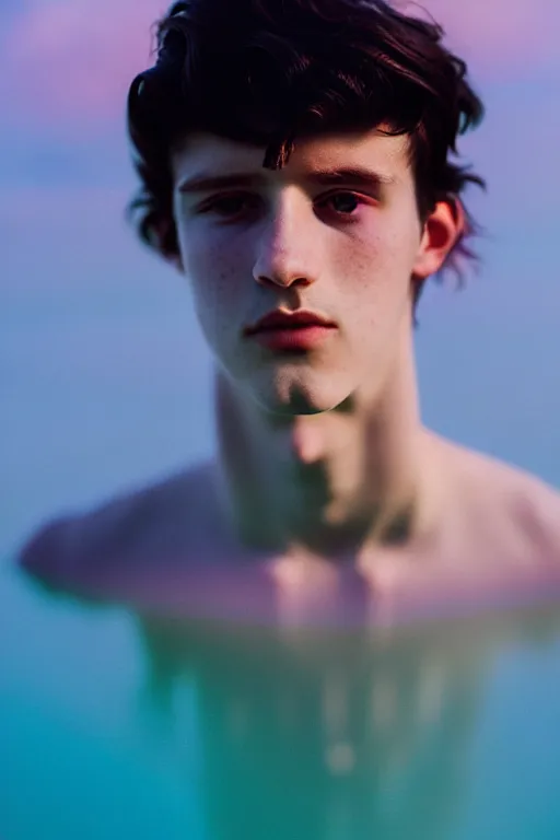 Image similar to high quality pastel coloured film mid angle docu photograph of a beautiful young 2 0 year old male, soft features, short black hair, extremely oversized clothing!! next to icelandic black rock pool environment. atmospheric. three point light. photographic. art directed. ( pastel colours ). volumetric light. clearcoat. waves glitch. 8 k. filmic.