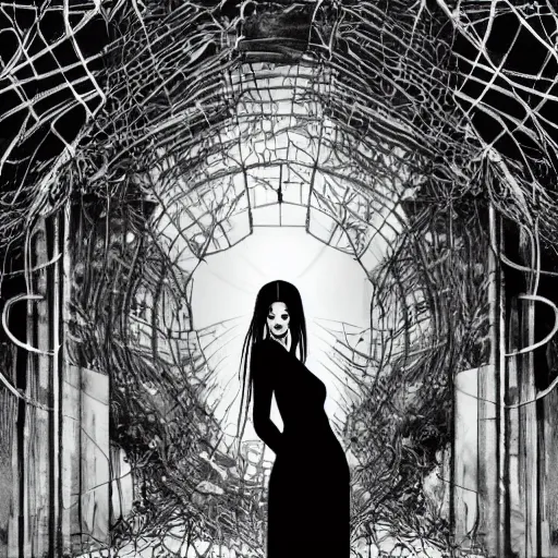 Image similar to highly detailed, black and white, androgynous goddess with flowing hair made of wired and a glowing see through vail type dress, in the background is the remnants of a abandoned modern city falling apart, lifeless and dead