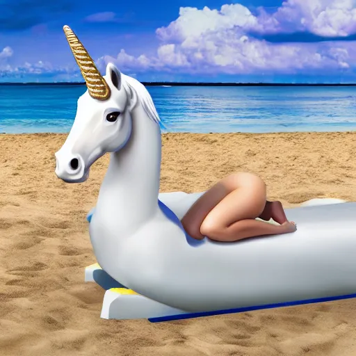 Image similar to a photograph of a unicorn unicorn on a sun bed at the beach, professional photograph, highly detailed, 4k, hd