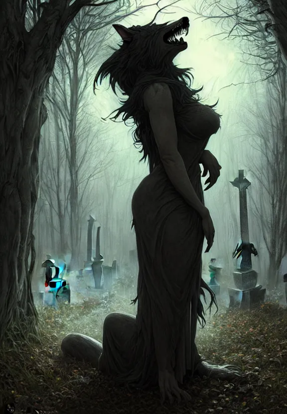 Image similar to Encounter with a feral werewolf at a spooky old cemetery, gravestones, tombstones, angel statues, fantasy magic, dark light night, intricate, elegant, sharp focus, illustration, highly detailed, digital painting, concept art, matte, art by WLOP and Artgerm and Greg Rutkowski and Alphonse Mucha, masterpiece