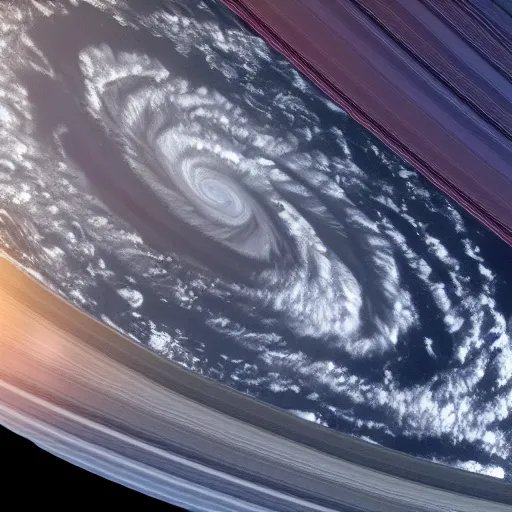 Image similar to ultra detailed zoomed in photo satellite view of a saturn size hurricane swallowing the solar system