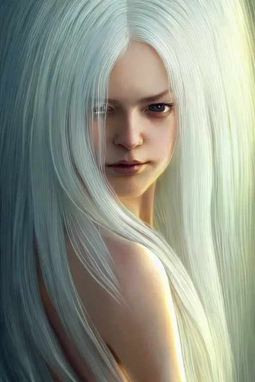 Image similar to magnum opus portrait professional photograph female holding white hair glowing, blush, pleated skirt, flowing hair, slim face, elegant, terry moore, masamune shirow, barclay shaw, karol bak, greg rutkowski