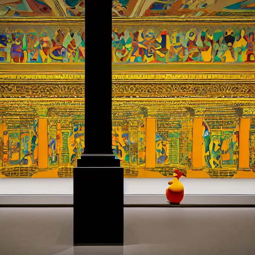 Image similar to 1 8 mm f / 8 wide shot, one! photorealistic rubber duck in foreground on a pedestal in an cavernous museum gallery, metropolitan museum of art, the walls are covered with colorful geometric wall paintings in the style of sol lewitt, tall arched stone doorways, through the doorways are more wall paintings in the style of sol lewitt.