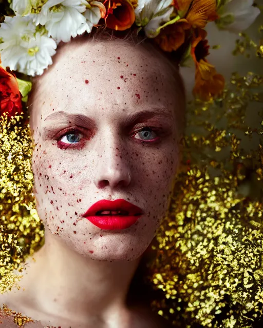 Prompt: Close-up portrait of a woman, close-up, high sharpness, zeiss lens, fashion photo shoot, flowers, white hair, freckles, Red lipstick, against gold, Annie Leibovitz and Steve McCurry, David Lazar, Jimmy Nelsson, artistic, hyper-realistic, beautiful face, octane rendering