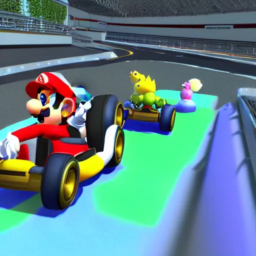 Image similar to President's in Mario kart, 3d render, concept art