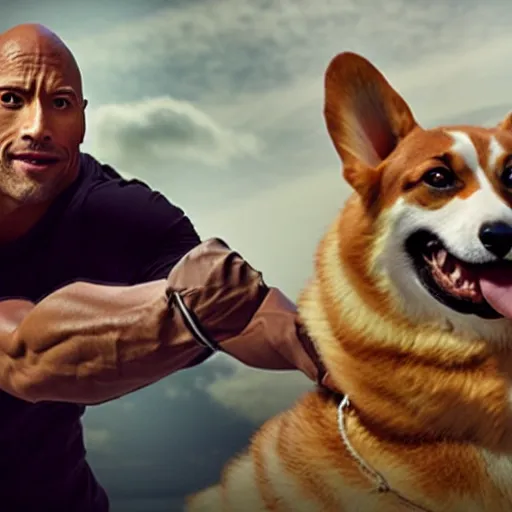 Image similar to photo of dwayne johnson riding a giant corgi, highly - detailed, sharp focus, award - winning