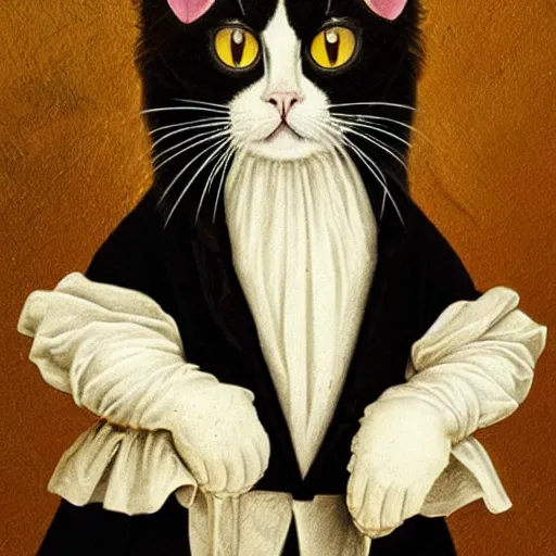 Prompt: A Baroque painting of a stylish tuxedo cat