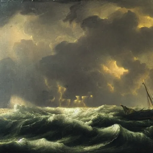 Prompt: dutch master style oil painting of a stormy night at sea, high art