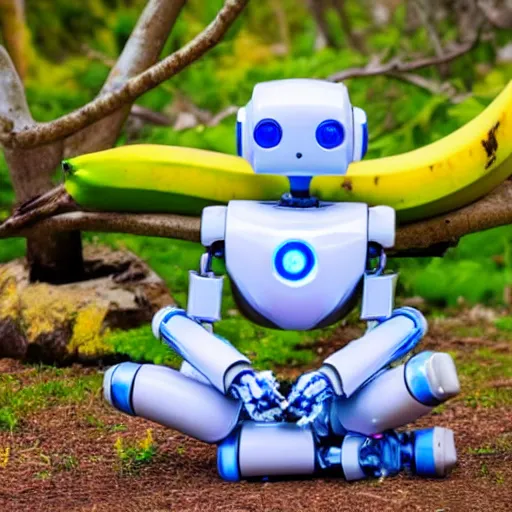 Image similar to detailled robot in meditation pose holding a banana in hand