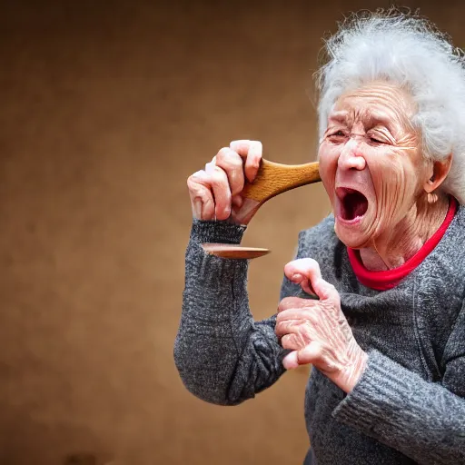 Image similar to elderly woman screaming at a wooden spoon, canon eos r 3, f / 1. 4, iso 2 0 0, 1 / 1 6 0 s, 8 k, raw, unedited, symmetrical balance, wide angle