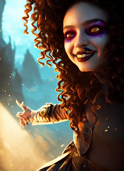 Image similar to an epic fantasy comic book style portrait painting of a girl wearing fantasy makeup with a mischievous smile and curly brown hair stepping out of a doorway with light shining behind her, unreal 5, daz, hyperrealistic, octane render, cosplay, rpg portrait, dynamic lighting