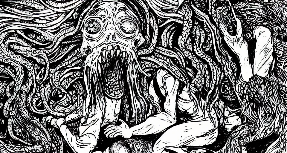 Prompt: cthulhu lovecraftian horror cinematic, in the style of junji ito, lineart, manga