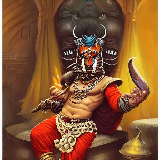 Image similar to head and shoulders portrait of a rakshasa in a luxurious indian setting, d & d, fantasy, greg rutkowski, frank frazetta, alexandre chaudret, boris vallejo, michael whelan, miro petrov, hr giger, magali villeneuve, donato giancola