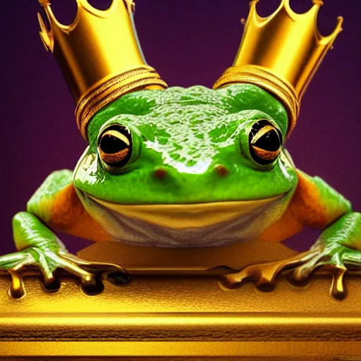 Image similar to a cute frog wearing a golden metal crown, by esao andrews, by m. w. kaluta, volumetric light, rich colors, very humorous oil painting, realistic reflections, smooth, concept art, depth perception, high depth of field, 4 k, unreal engine 5, ultradetailed, hyperrealistic, artstation