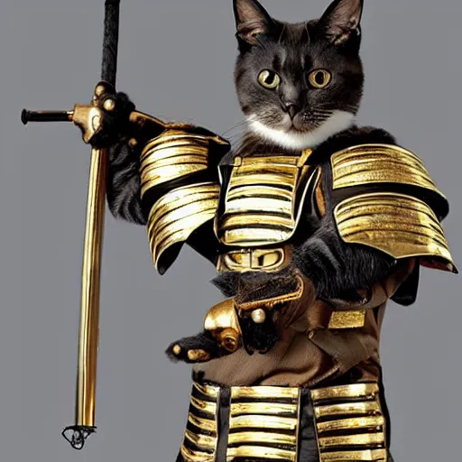 a cat wearing realistic complete samurai armor, golden | Stable ...