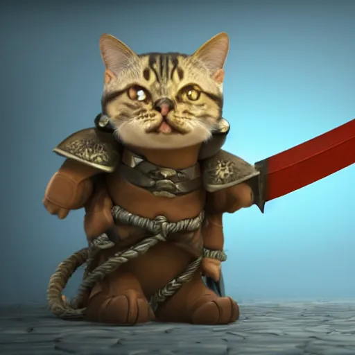 Image similar to a cat with a sword and shield, octane render, unreal engine, fantasy art