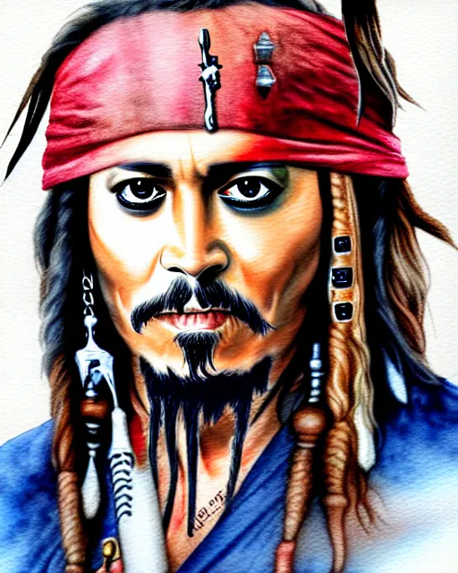 Image similar to portrait of captain jack sparrow, painterly style, matte illustration, watercolour